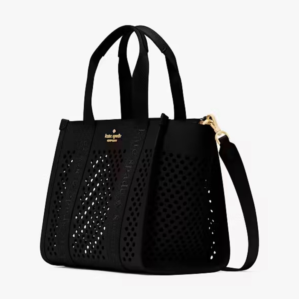 Kate Spade Skip Black Perforated Tote with Gold Accents